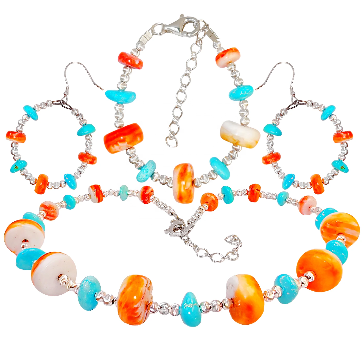 Jewelry Set Is Made Of Sterling Treatment Turquoise Orange Spiny Oyster And S925 Silver With A Unified Style It Fully Shows 1