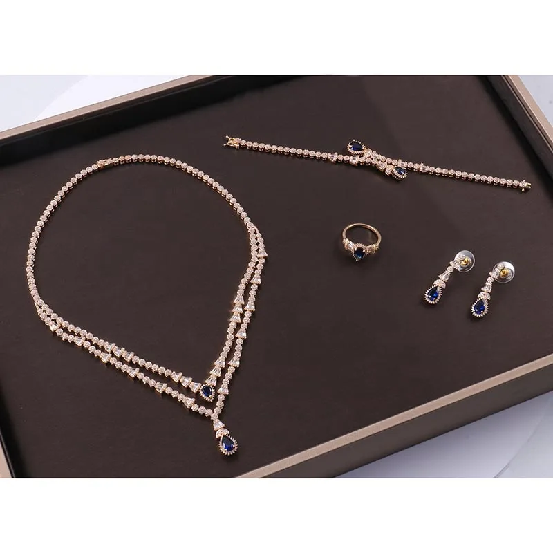 2025 Fashion Fine Jewelry Sterling Silver Lab Created Moissanite<000000>blue Sapphire Wedding Necklace Bracelet Earring Ring Set 8