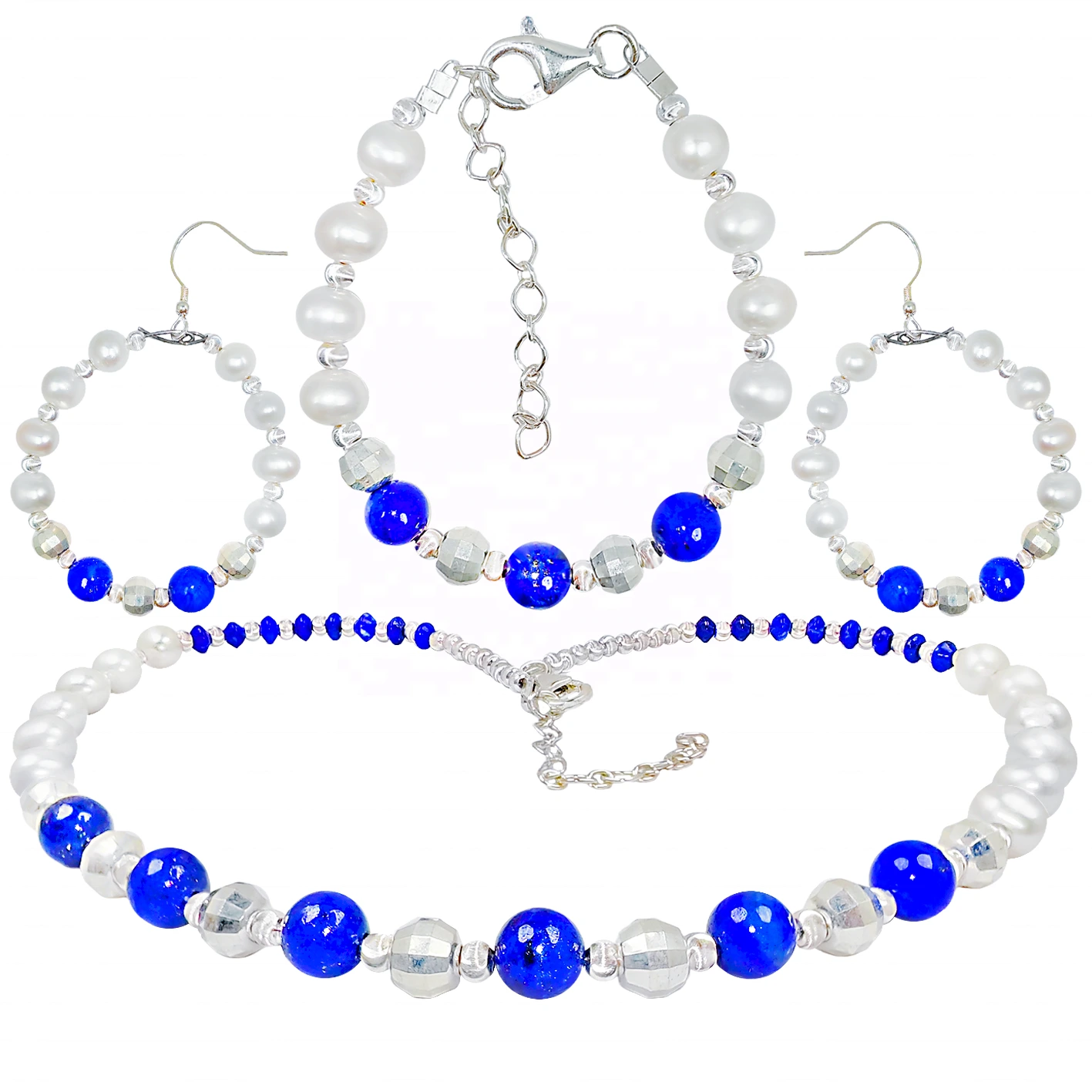Jewelry Three-piece Set Natural Lapis Lazuli Beads Pearls Perfect Combination Bracelets Necklaces Earring Jewelry Handmade 1