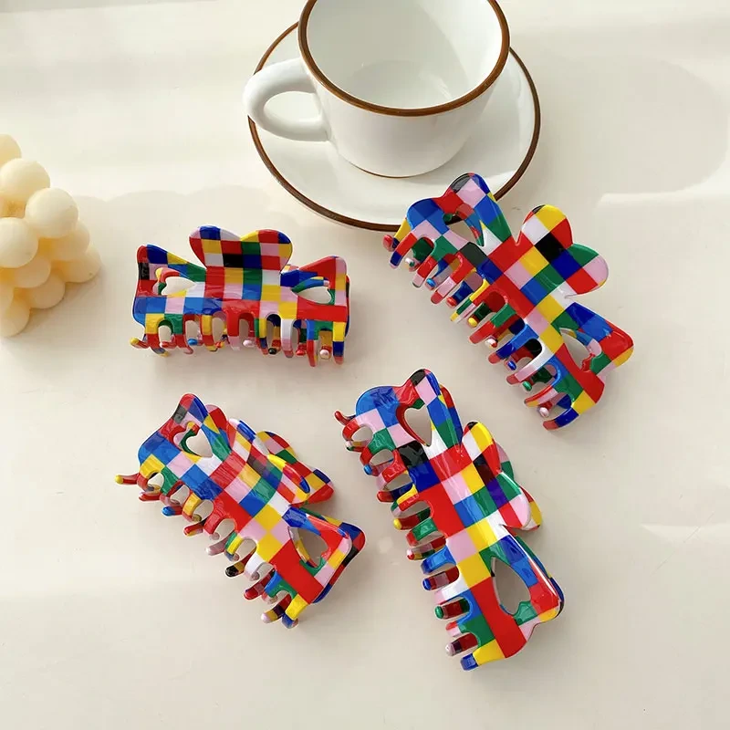 Dowell Wholesale Hair Claw Clips 2022 Temperament Large Checkered Acrylic Hair Claws 1