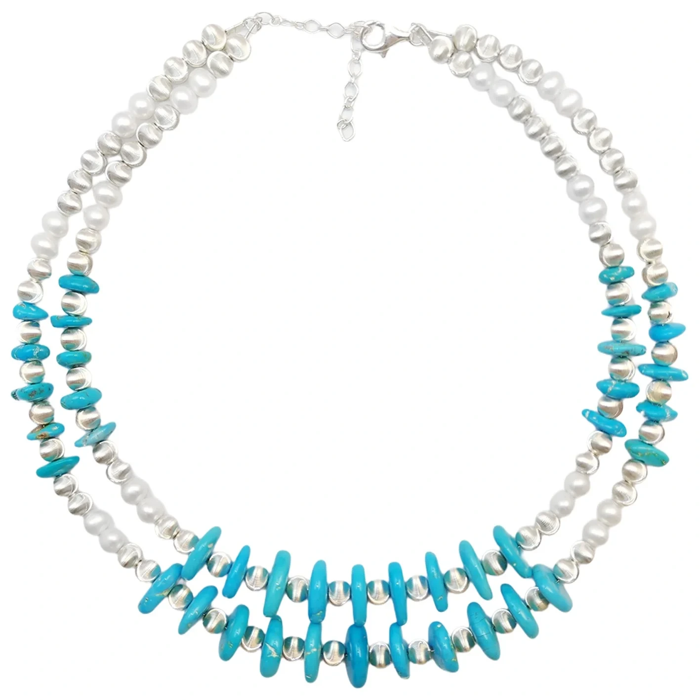 Natural Double Turquoise Necklace Delicate Natural Pearls & Turquoise Beautiful Silver Jewelry Winter Gifts 1