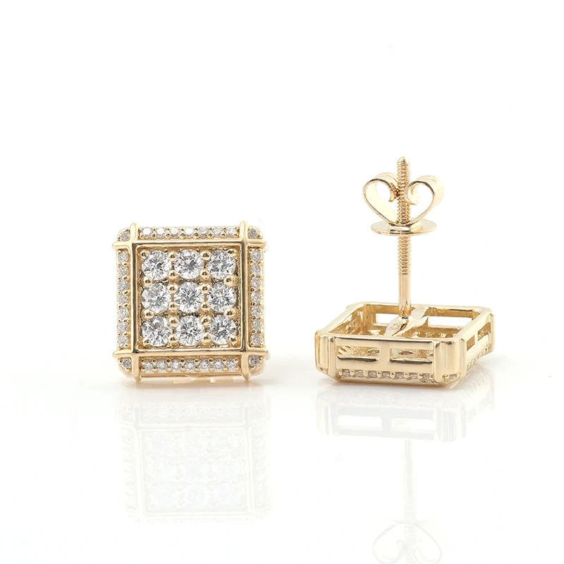 2025 New Square Stud Ear Rings Yellow Gold Color Plated Silver Def Moissanite Melee Stud Earrings For Men 1