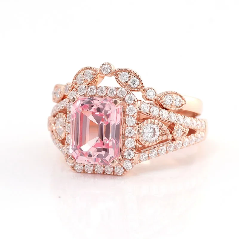 Pink Sapphire Ring Lab Sapphire Engagement Wedding Ring Delicate Gemstone Bridal Jewelry Birthstone Pastel Pink Diamond Ring Set 1