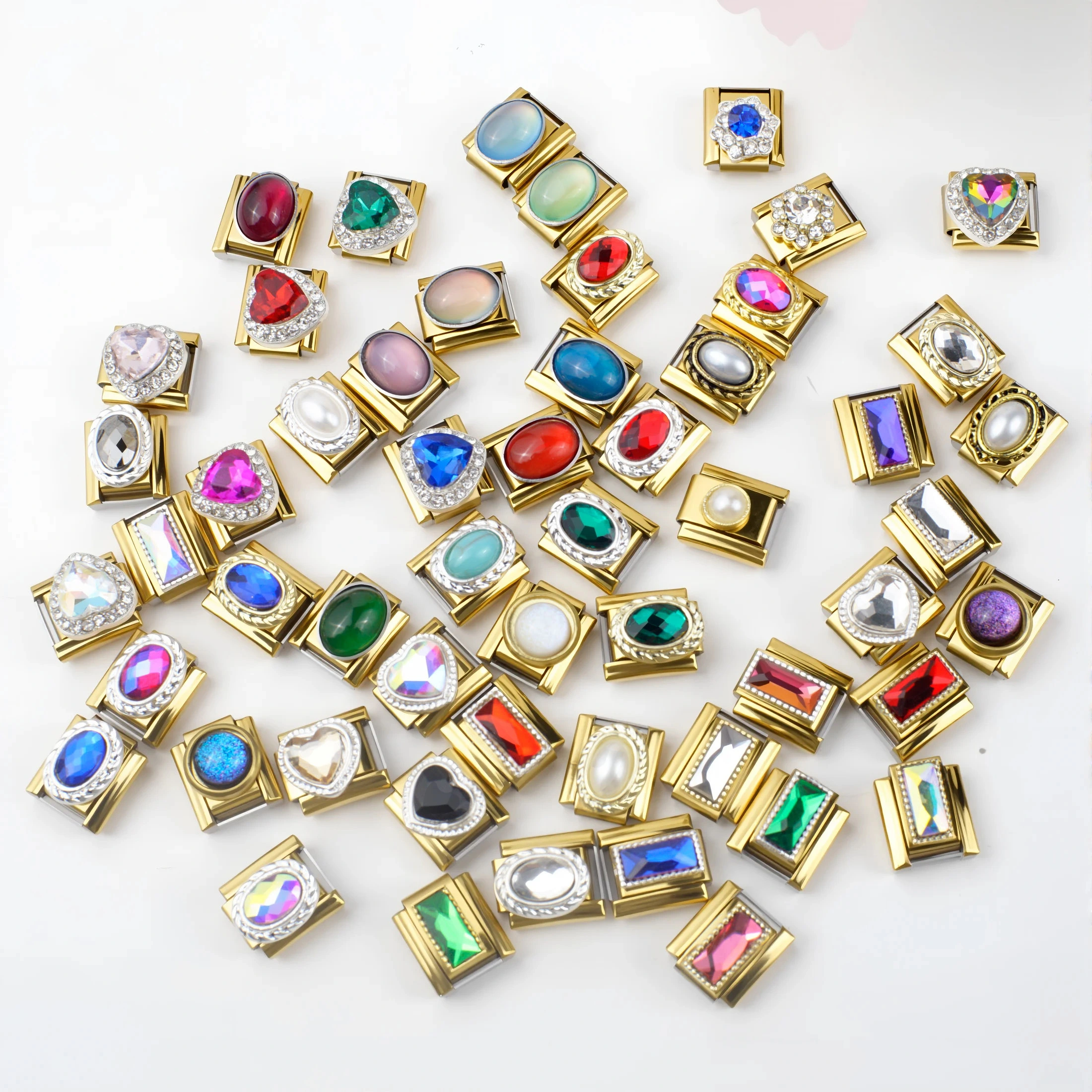 2025 Diy Personalized 304 Stainless Steel Italian Gold-plating Gemstone Diamond Pearl Series 9mm 10mm Charm Bracelet Module 1