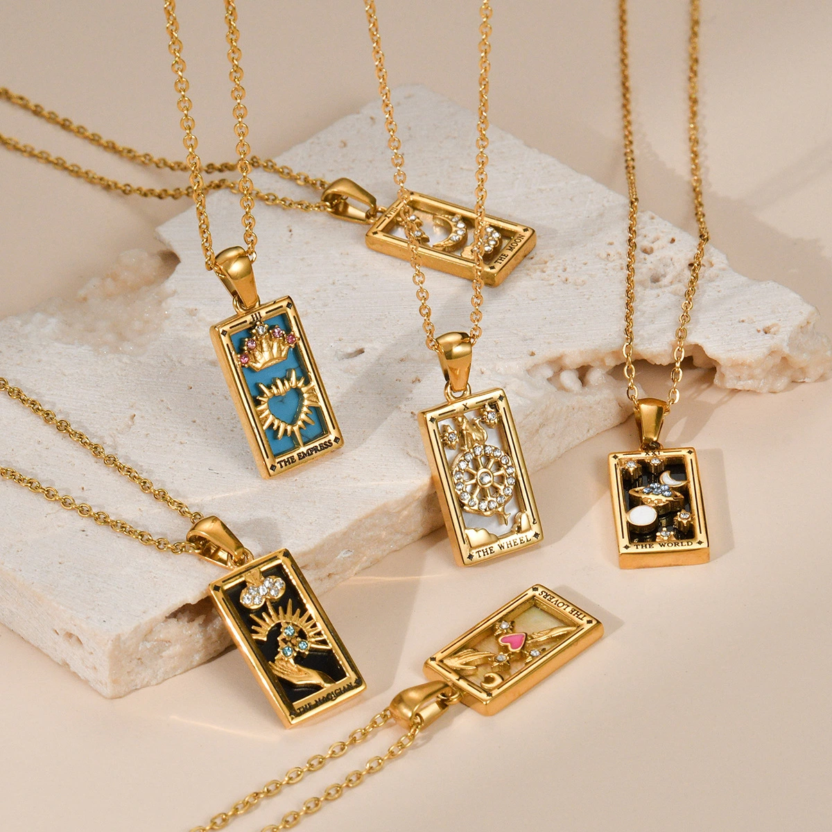 Gold Plated Vintage Tarot Square Necklace With Zircon And Oil Dripping Stainless Steel Necklace For Women 1