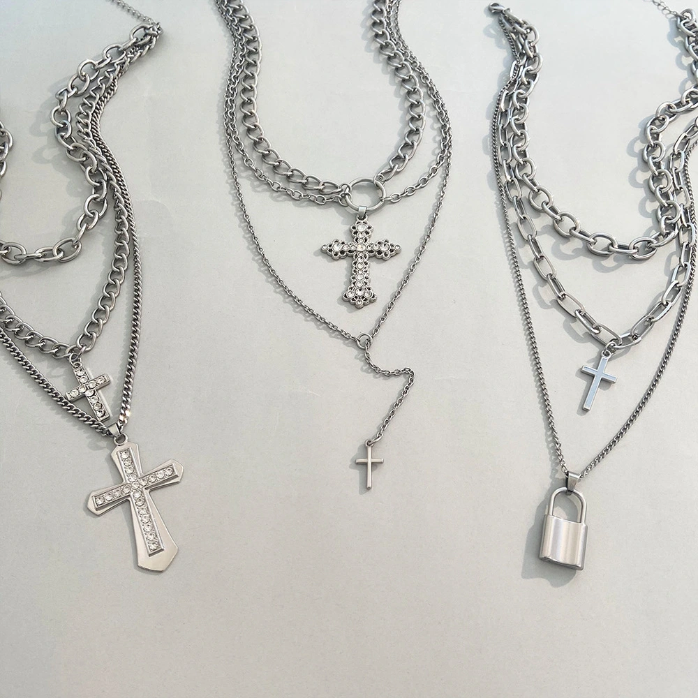 Stainless Steel Vintage Pearl Cross Pendant With Punk Versatile Multi Layered Trendy Sweater Necklace 1