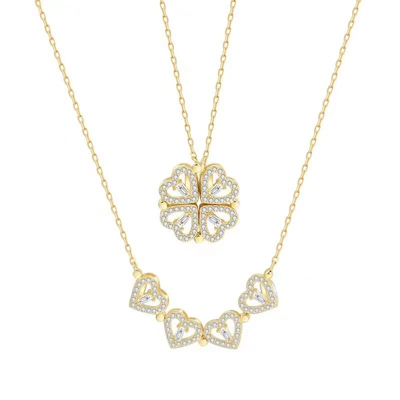 New Creative Magnetic Folding Heart-shaped Four-leaf Clover Stainless Steel Necklace Fashion Design Necklace 1