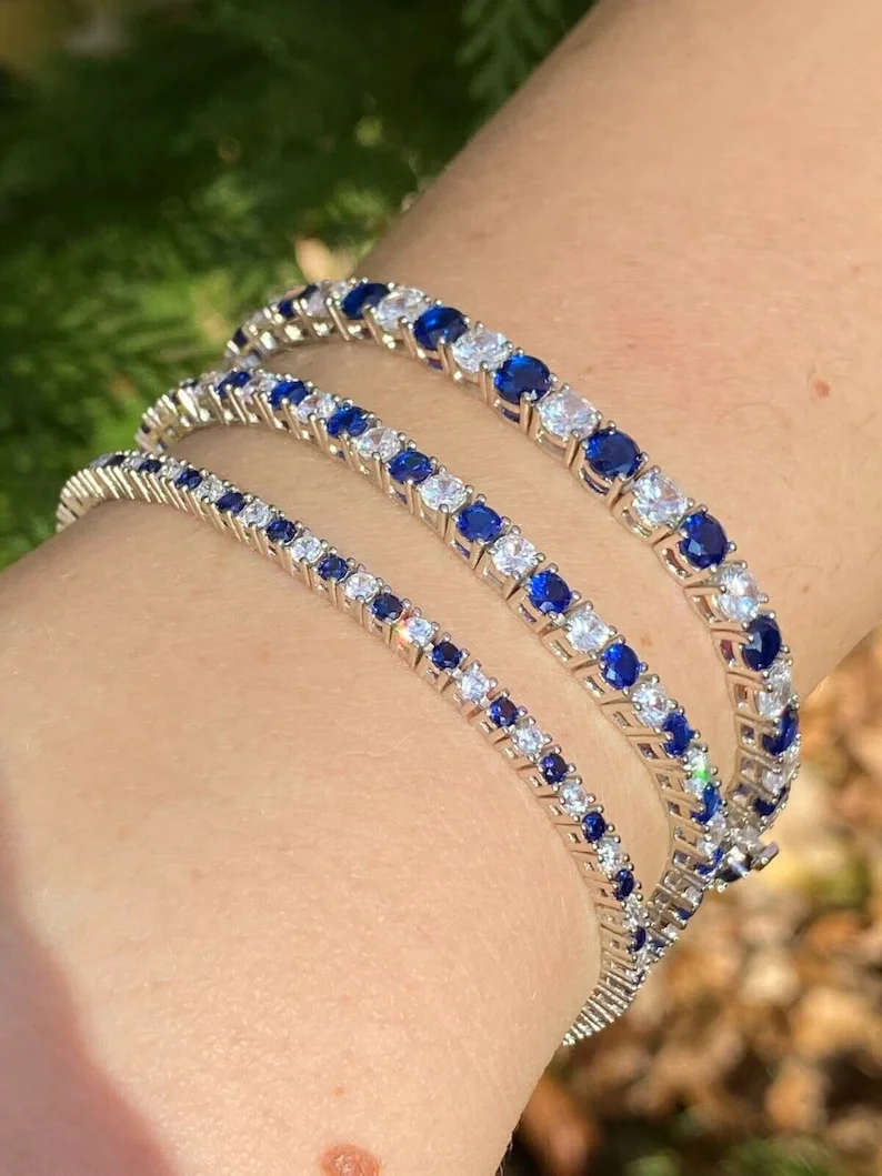 Damen Mädchen 10k Iced Out Tennisarmband einreihig Moissanit Diamant <000000> Lab Saphir 11