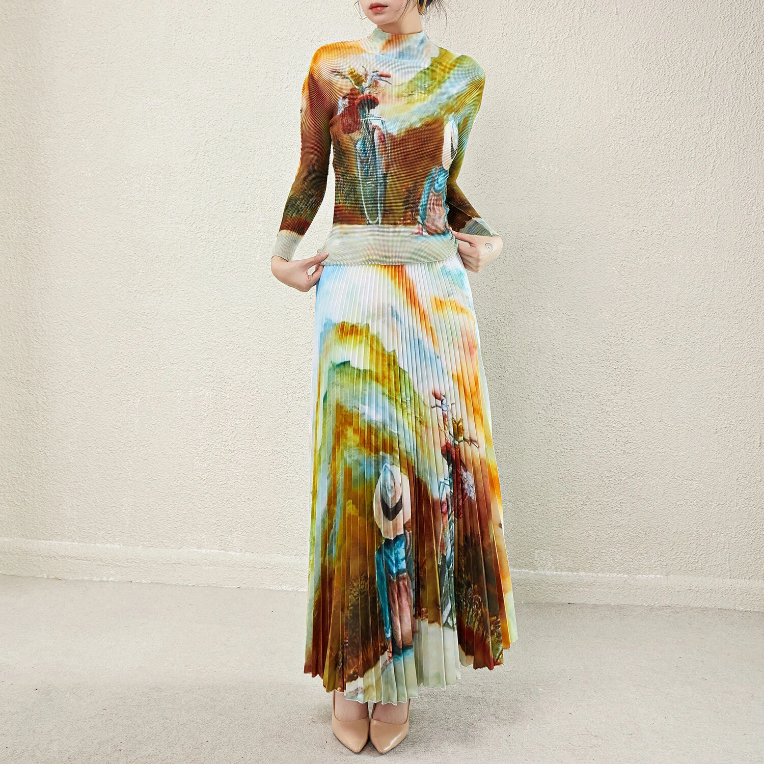 Ensemble élégant plissé Miyake de haute qualité pour femmes, imprimé personnalisable, haut décontracté à manches longues, jupe plissée, ensemble deux pièces Sélection en gros: costume jupe élégant et polyvalent, stock suffisant disponible 1