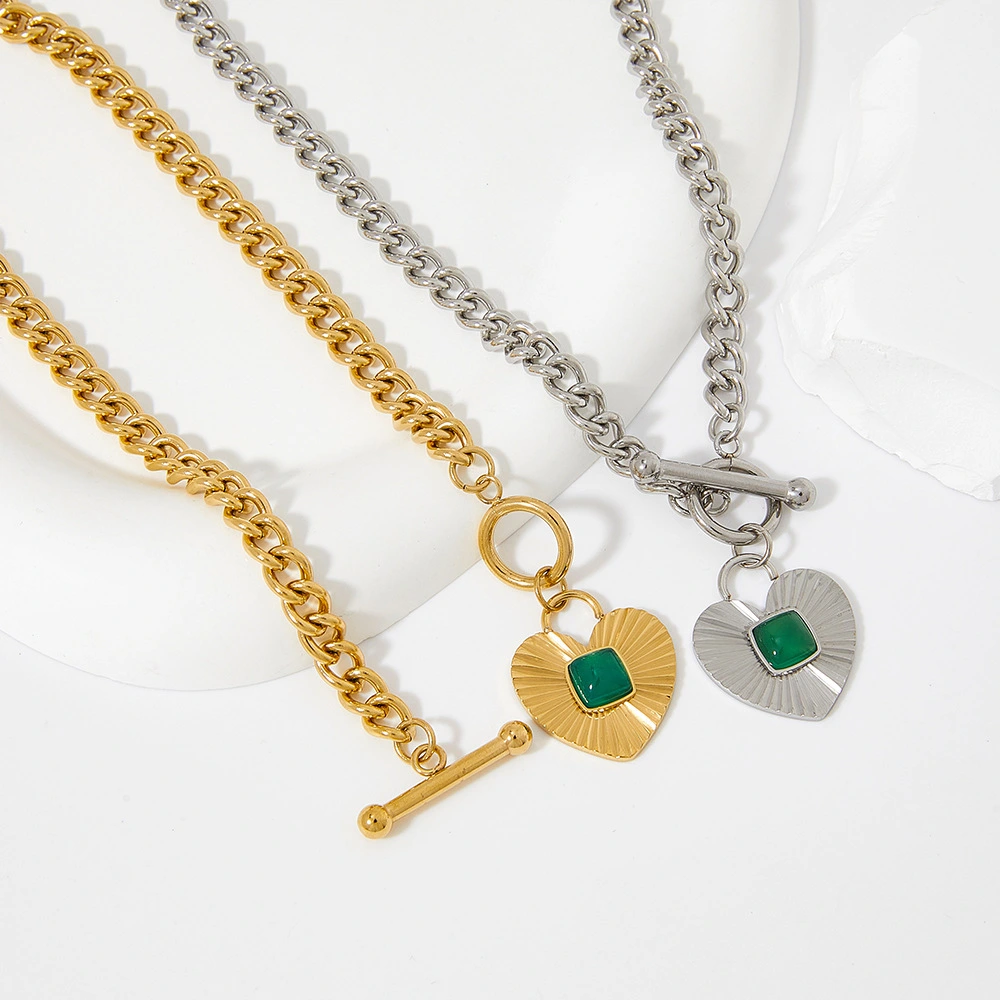 Ot Buckle Non Tarnish Heart Stripe Pendant Metal Jewelry Necklace For Women Jewelry 2024 Agate Love Titanium Steel Green Trendy 1