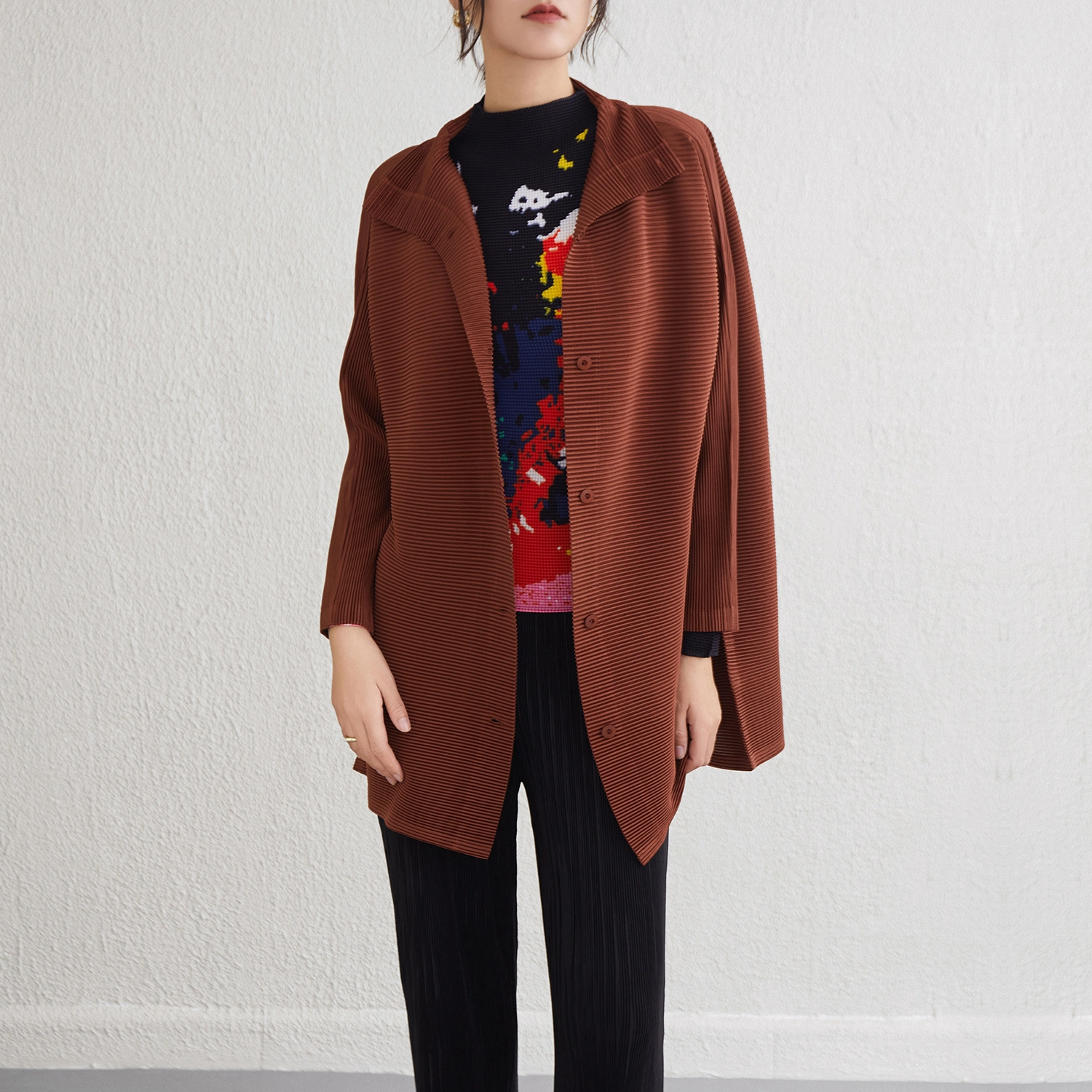 ODM/OEM Pleated Tops – Trendy Designs, Bulk Supply Miyake Pleated Elastic Stretch Loose Single Breasted Button Cardigan Shirt Long Sleeve Women's Casual Shirt 1
