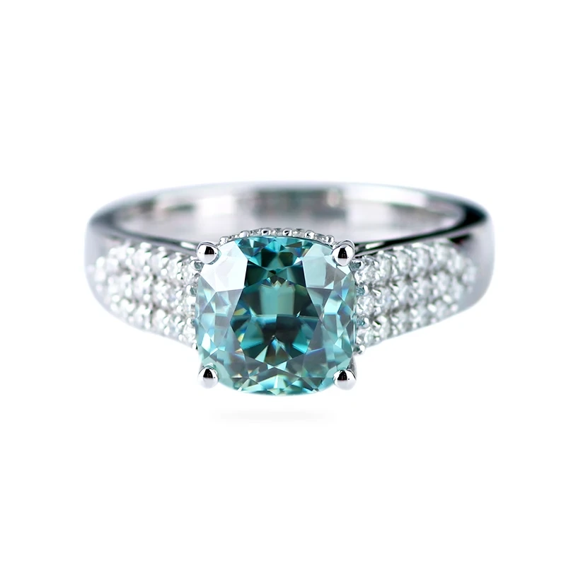 3carat glace coussin écrasé Centre vert coupé vert Moisanite 18K Bague de fiançailles en or blanc avec 3 rangées de petits maillots pavés 1