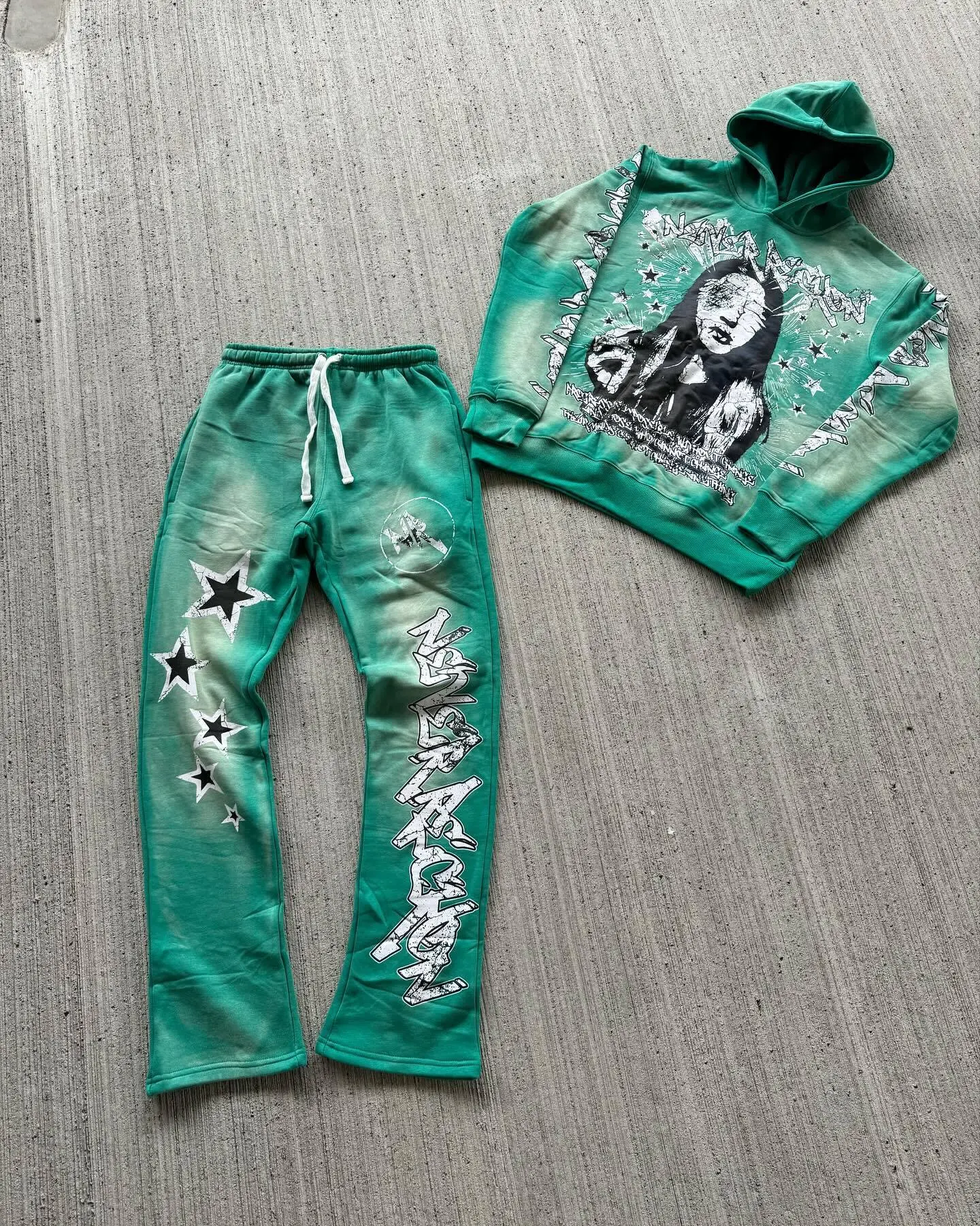 Custom Men Acid Washed With Zip Drawstring Star Pattern Tracksuit Set 1
