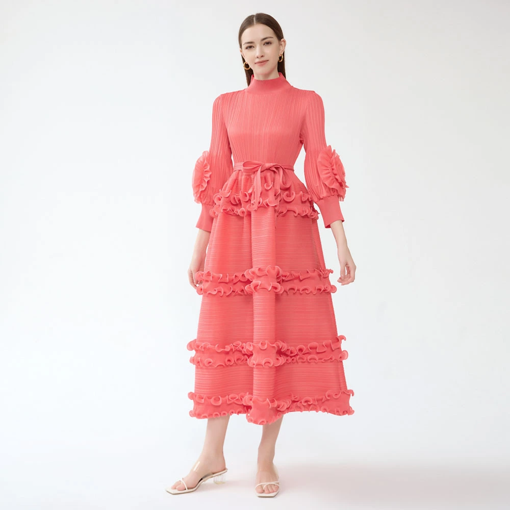 Pleats Clothing Manufacturer Custom Women High Quality Plus Size Solid Pleated Petal Sleeve Luxury Waisted Personality Madi Ladies Pleated Dress 1
