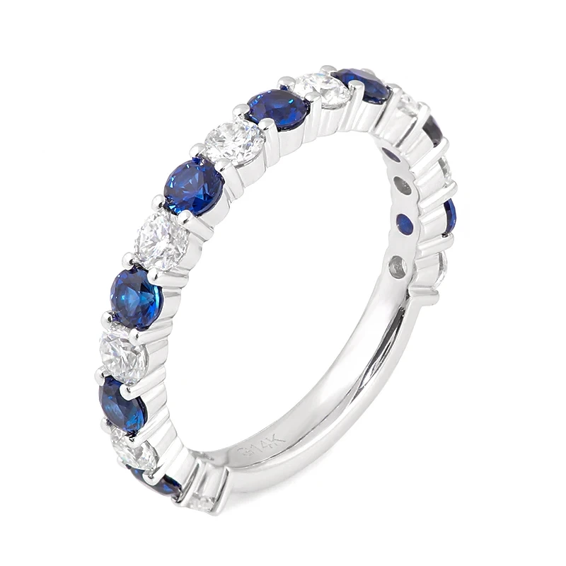 Anillo de oro con moissanita redonda y zafiro, anillo de compromiso de media eternidad, anillo de oro de 14 k para mujer. 1