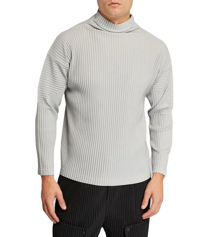 Fabricant de vêtements plissés Miyake hommes OEM personnalisé de haute qualité veste plissée couleur unie à manches longues décontracté hommes pull à col montant en vrac vêtements pour hommes 1