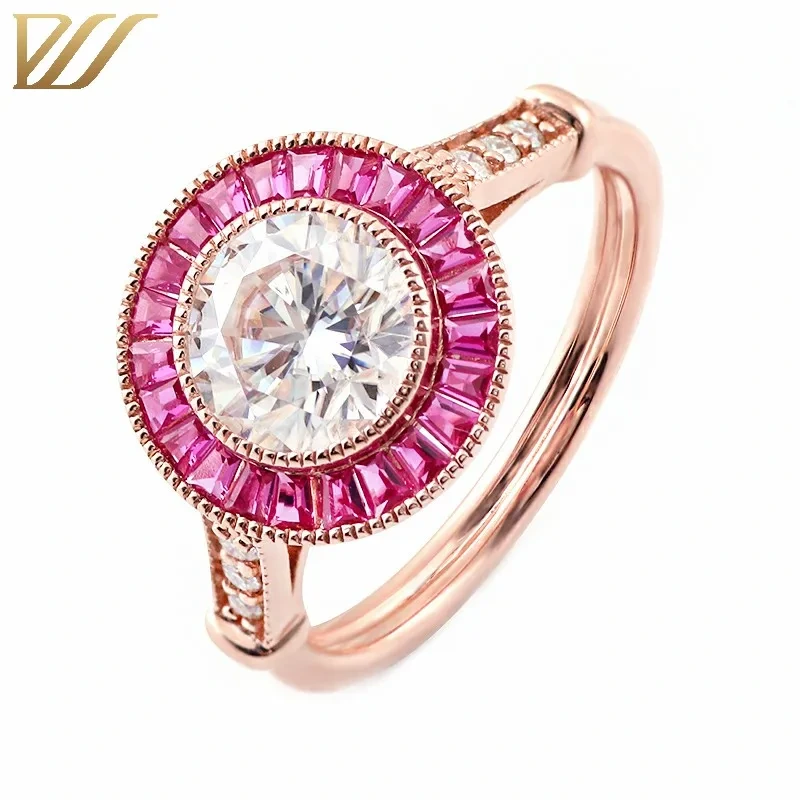 Sweet et belle bague de fiançailles fines et charmantes douces coupées rond 1,5 cmt de la pierre centrale de Moisanite avec Ruby Halo 1