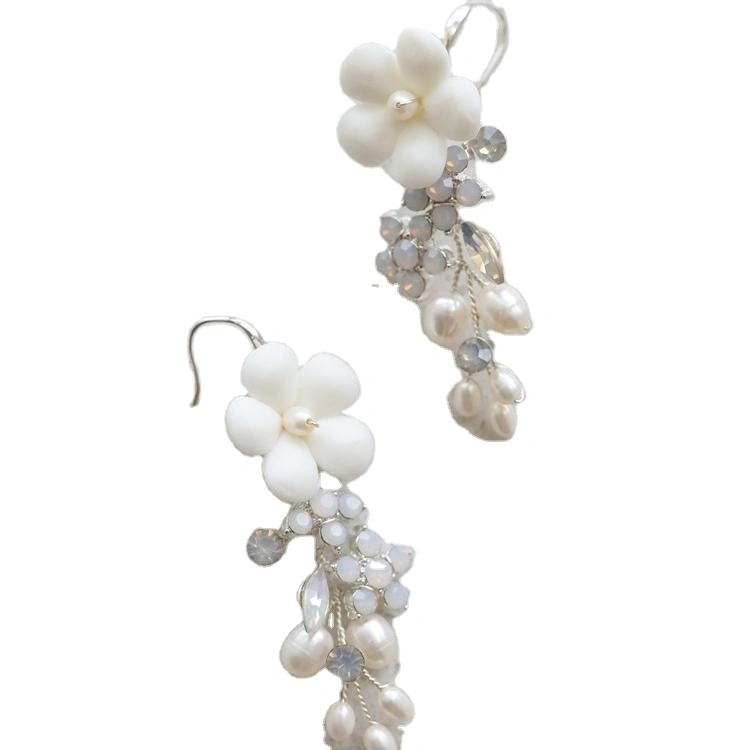 Freshwater Pearl Opal Stone Earrings Ear Hooks with Ceramic Flowers 1