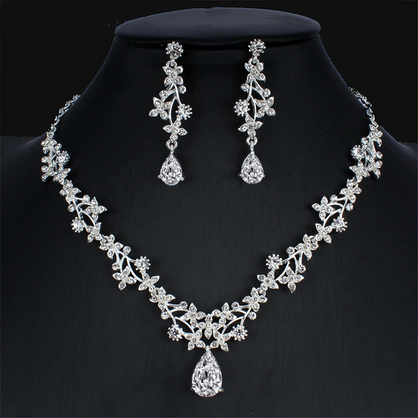 New Bride Wedding Dress Accessories Zircon Earrings Necklace Jewelry Set For Women 1