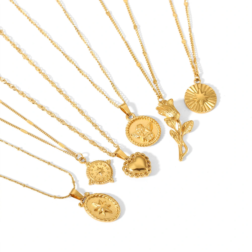 Vintage Round Carved High Grade Love 18k Gold Stainless Steel Collar Chain Angel Boy Pendant Necklace Jewelry For Women 1