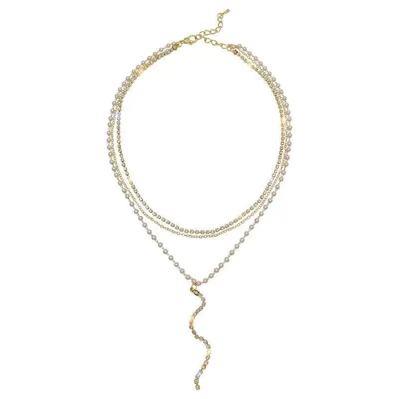 Elegant Waterproof Jewelry Gold-plated Stainless Steel Double Long Tzitzit Women's Pearl Necklace 1