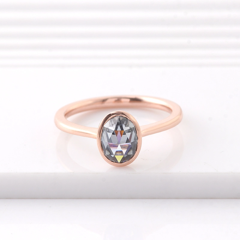 Ovale Double Rose Cut Grey Grey Moisanite Engagement Anneau de fiançailles 14K Gold Solitaire Anneau ovale Colorage Couleur Color Moisanite Anneau de déclaration 1