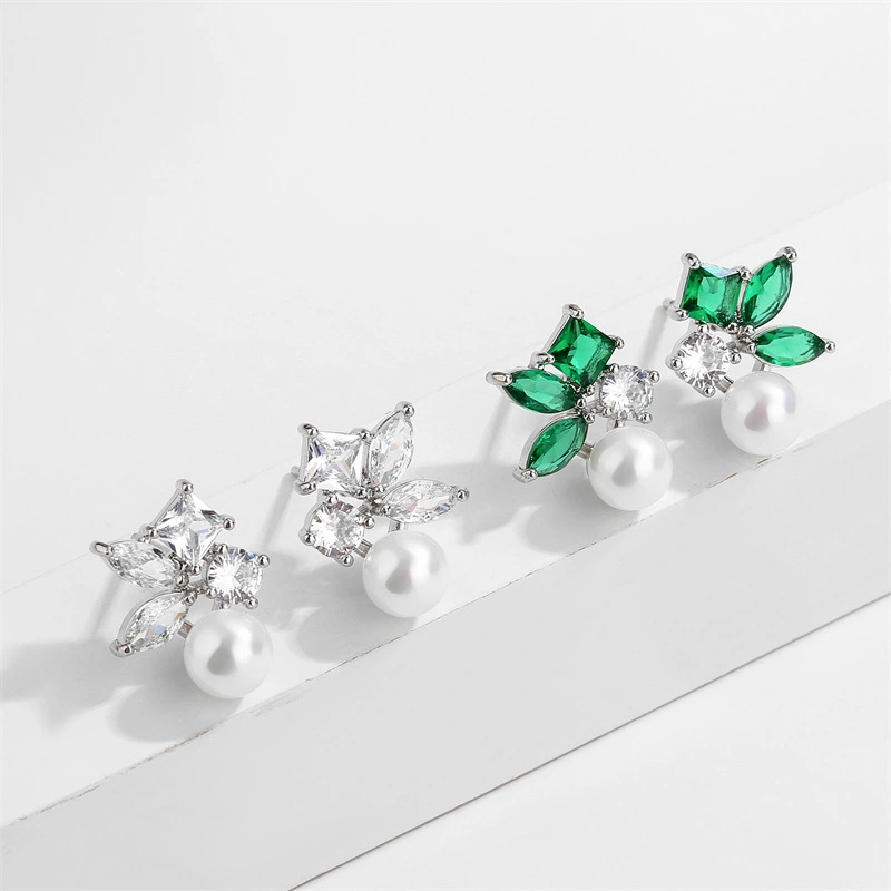 Wholesale Fashion Personalized Earrings Square Horse Eyes Colored Zirconia Pearl Minimalist Women's Wedding Earrings 1