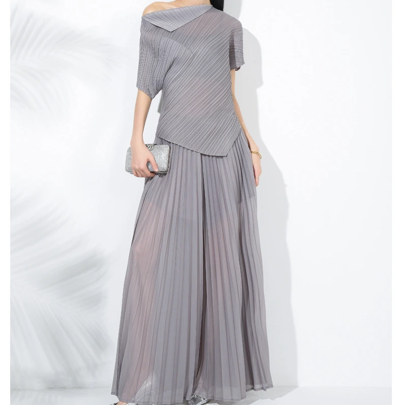 Faltenbekleidungshersteller Miyake Elegantes formelles zweiteiliges Damen-Set, einfarbiges Oberteil & Hosen für Büro, Sommer, Abschlussball, lässige Plissee-Maxi-Outfits für Erwachsene 1