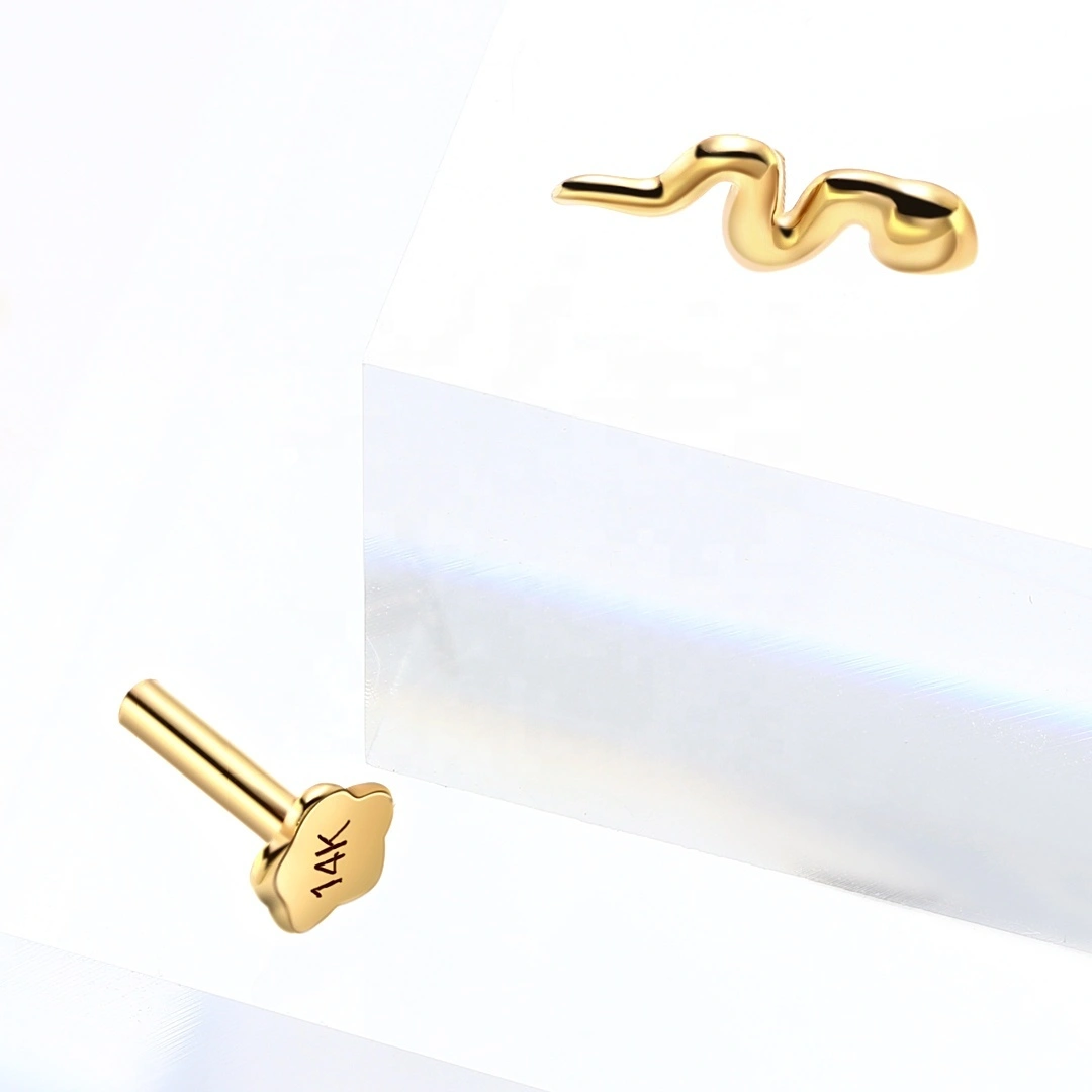 Eternal Metal Snake Shaped 14k Solid Gold Internally Threaded Labret Studs Piercing Jewelry 1