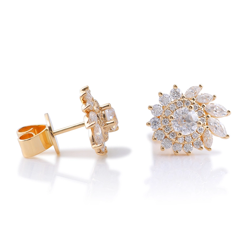 Crystal de mode coupée rond en or jaune de haute qualité pour femmes Femmes Femmes Moisanite Stud Engagement Boucles d'oreilles de mariage 1