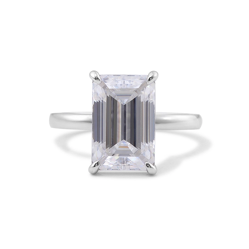 Bague de fiançailles solitaire en diamant et moissanite couleur D, taille émeraude, 8 x 12 mm, 4 griffes, AU750 1