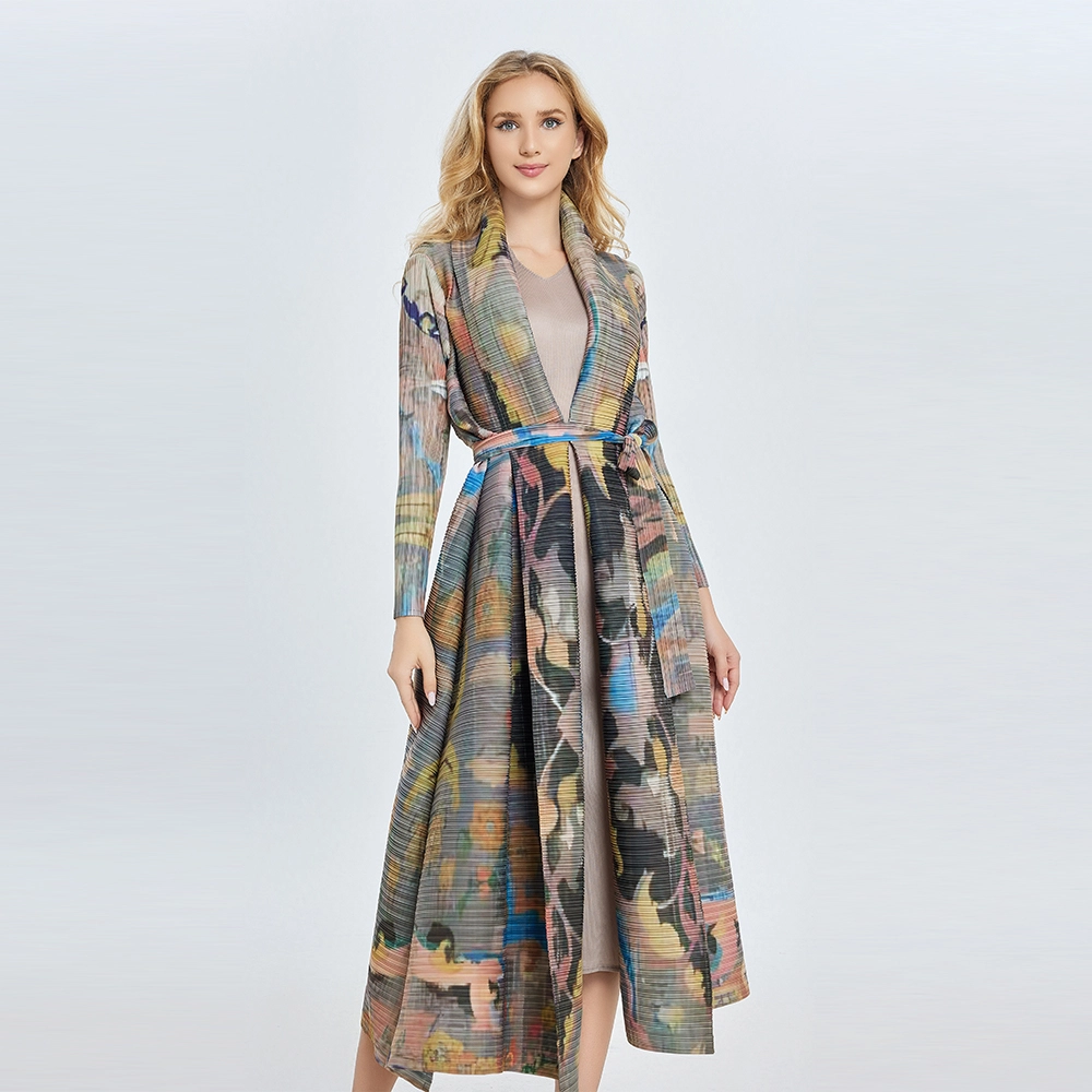 Plis Fabricant de vêtements Femme Grande taille Respirant Polyester Abaya Modeste Plissé Revers Noué Robe Séchage Rapide Décontracté Chic Imprimé Long Manteau 1