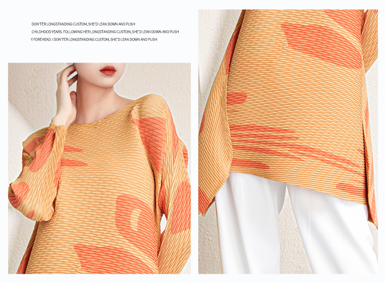 Wholesale Pleated Shirts – Private Label <000000> Custom Design High Quality Miyake Latest Design Pleated Top Women's Casual Style Fashion Printing Long-sleeved T-shirt 17