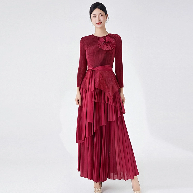 Pleats Clothing Latest Design Ladies High Quality Fabric Maxi Casual Dress Pleated Shirt Skirt Two-piece Set With Solid Pattern Belt Dress Wholesale Pricing Deals 1