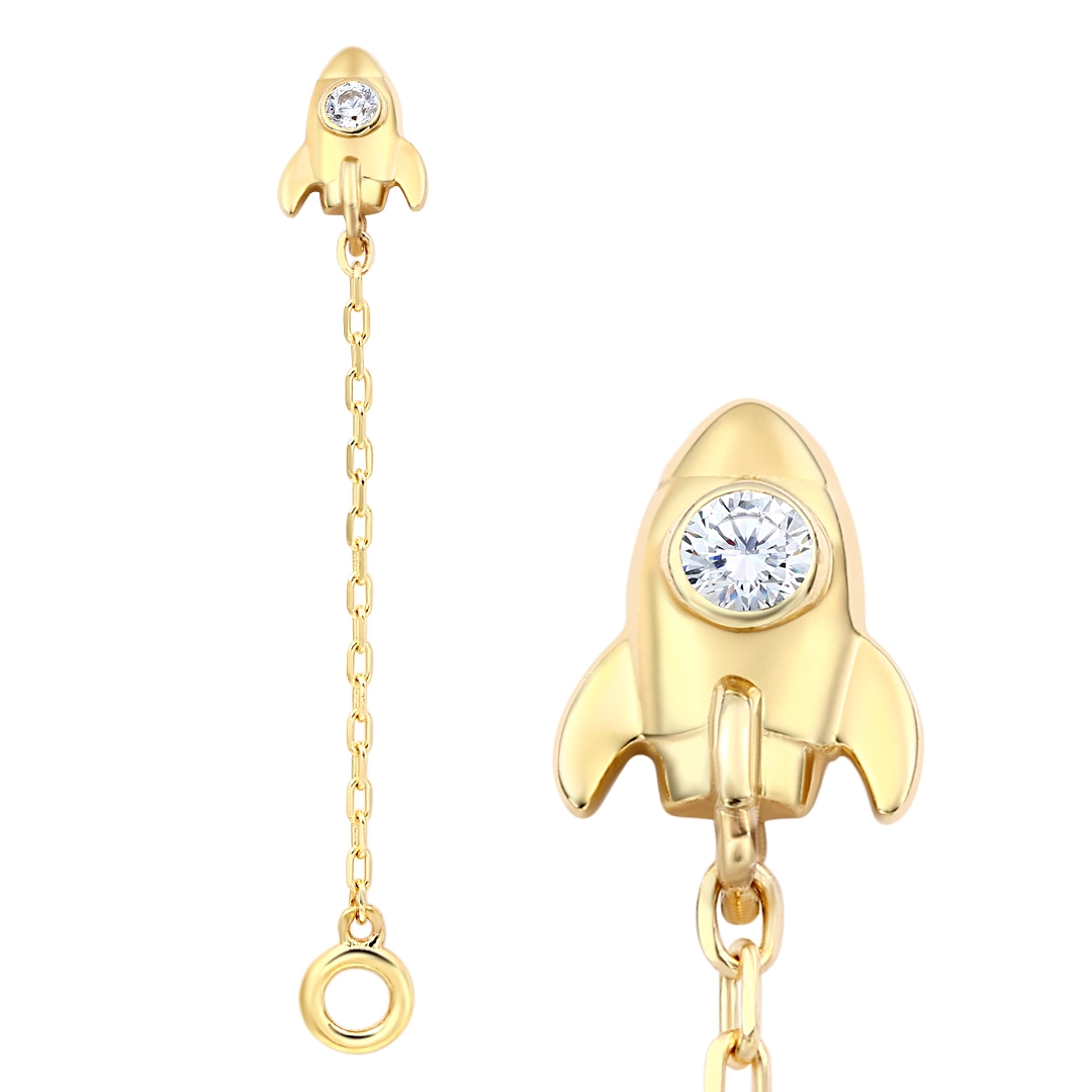 Eternal Metal 14kt Solid Gold Rocket Shape Threadless Top Bezel Setting Clear Cz Chain Earring Nose Piercing Jewelry 1
