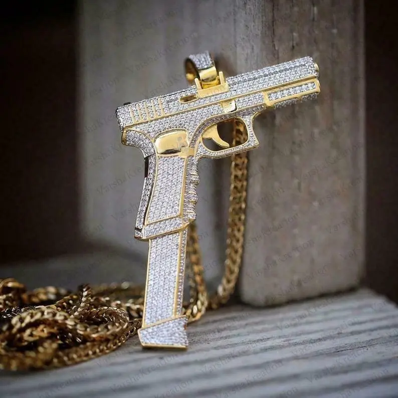 Waffenanhänger Herrenpistole Handwaffe Anhänger 14k Gelbgold über 925 Silber Hip Hop Schmuck Anhänger Anhänger 1