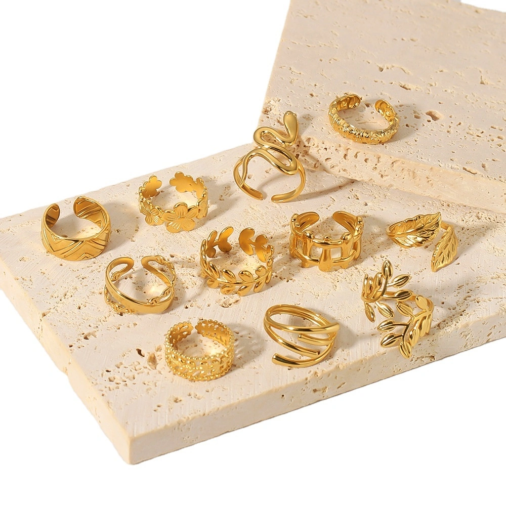 Wholesale Leaf Geometric Hollow Flower 18k Gold-plated Snake Shaped High-end Multi-layer Stainless Steel Ring Jewelry 1