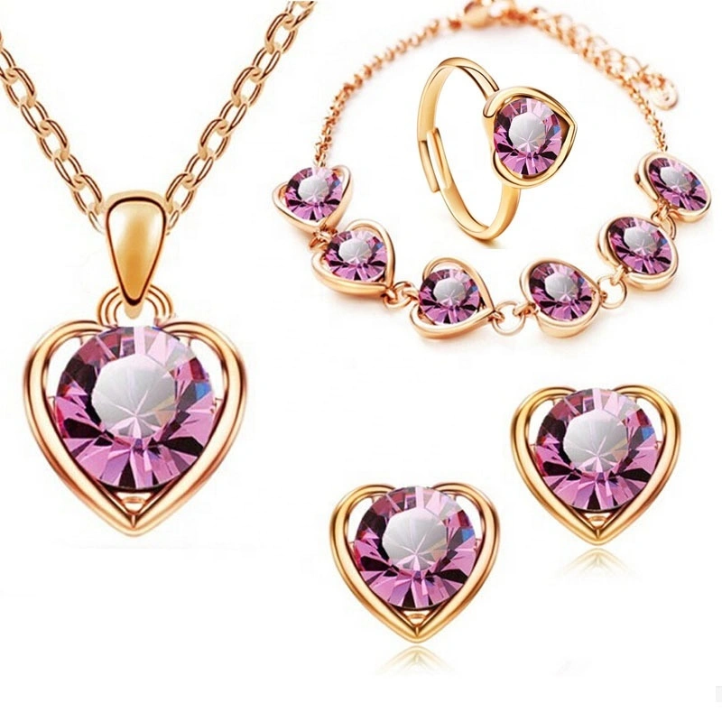 Wholesale 4pcs/sets Crystal Jewelry Set Love Heart Pendant Necklaces Bracelet Earrings Rings Jewelry Set 1