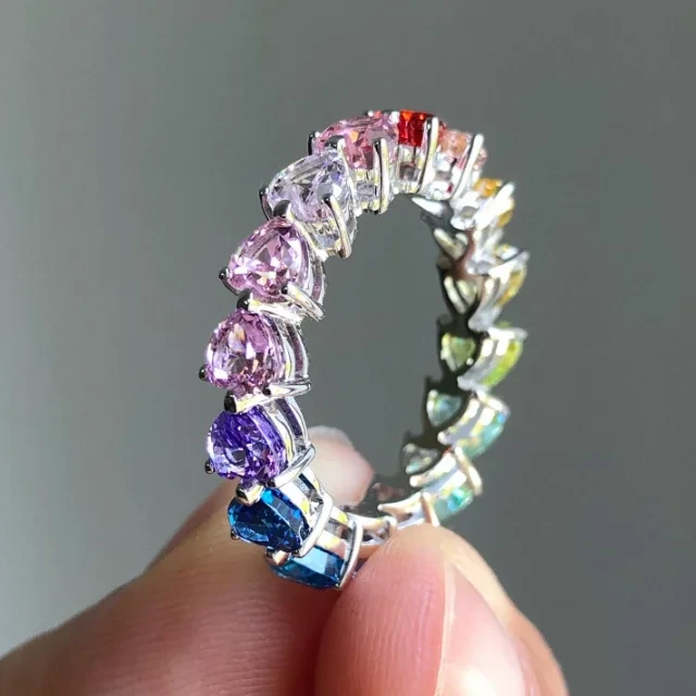 Multi-color 4mm Heart Cut Ice Crushed Cut Gemstone White Gold Women Ice Cut Gold Ring 1
