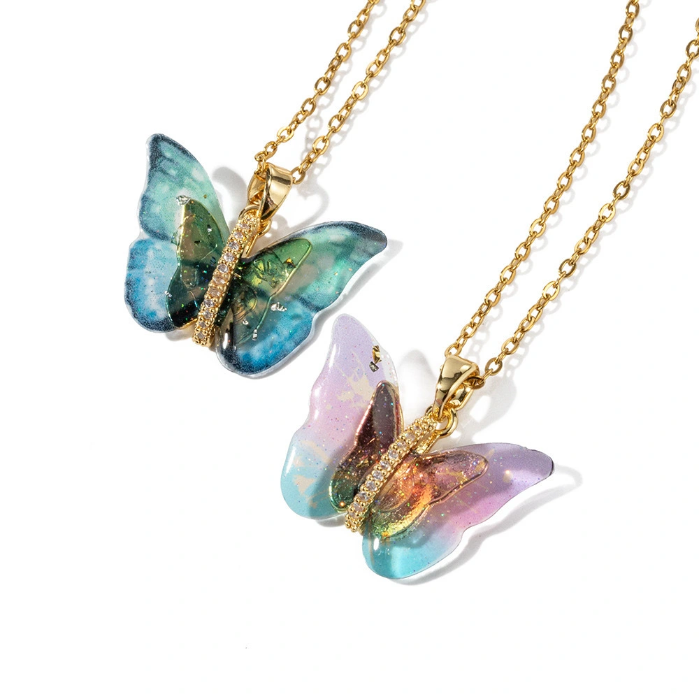 Micro Inlaid Zircon Gradient Rainbow Fashion Waterproof And Tarnish Free Pvd Plated Titanium Steel Butterfly Pendant Necklace Fo 1