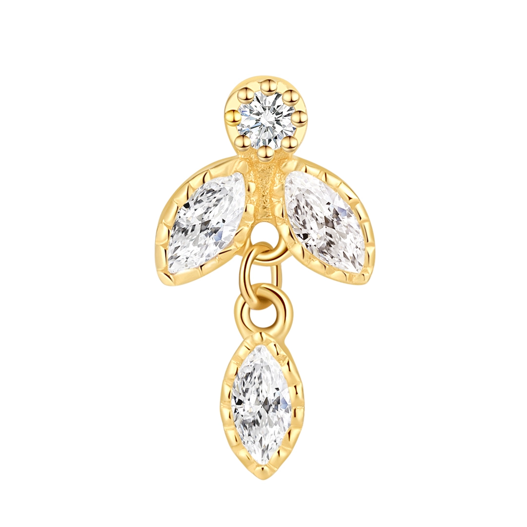 Eternal Metal 14k Solid Gold Marquise Cut Cz Bezel Paved Dangle Leaf Piercing Ear Labret Jewelry Internally Threaded Ends Tops 1