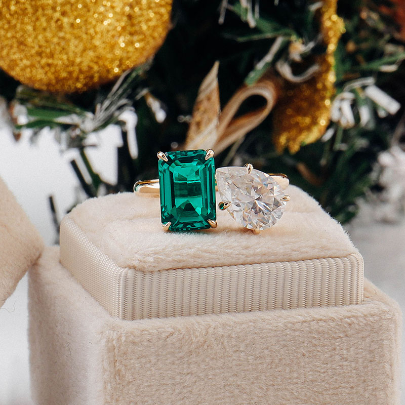 Bague de mariage en moissanite 10k 14k véritable or taille émeraude taille laboratoire <000000> Bague Toi et moi en moissanite champagne taille poire 10