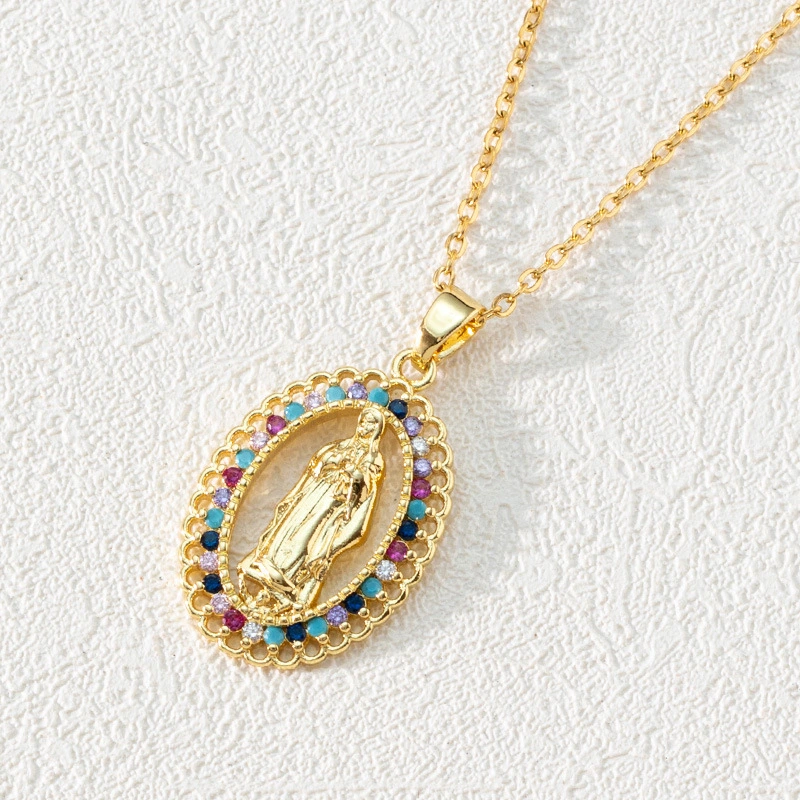 Europe And America Religious Accessories Copper Micro Inlay Colored Zircon Virgin Mary Pendant Personalized Necklace 1