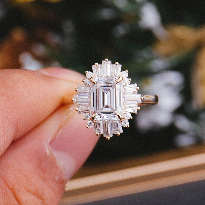 Bague de fiançailles en or véritable 14 carats avec moissanite taille émeraude de 3 carats et bagues fendues 1