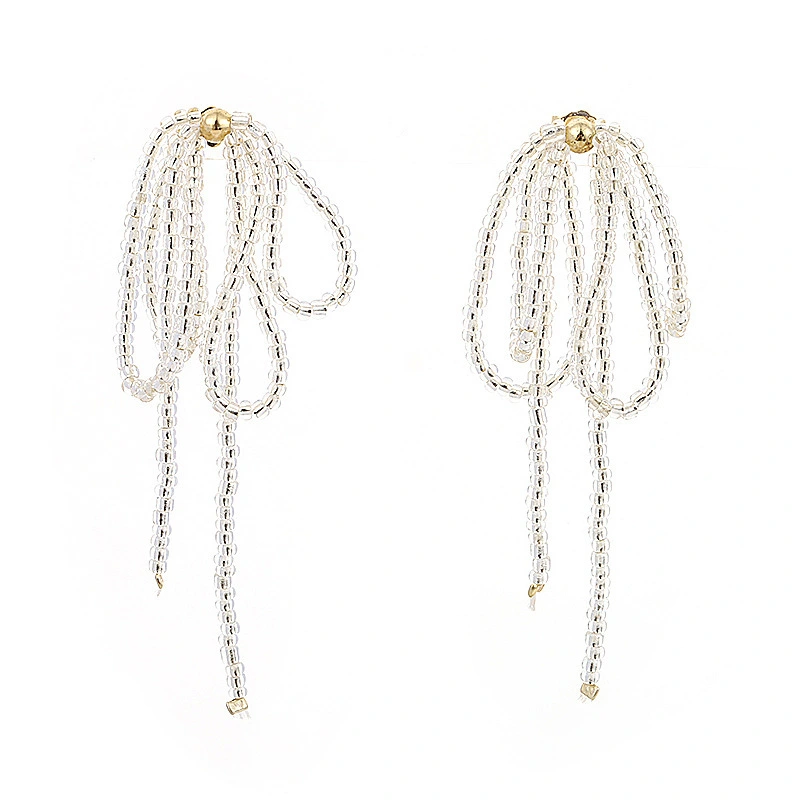 French Advanced Vintage Crystal Silver Needle Bow Tassel Earrings For Women 1