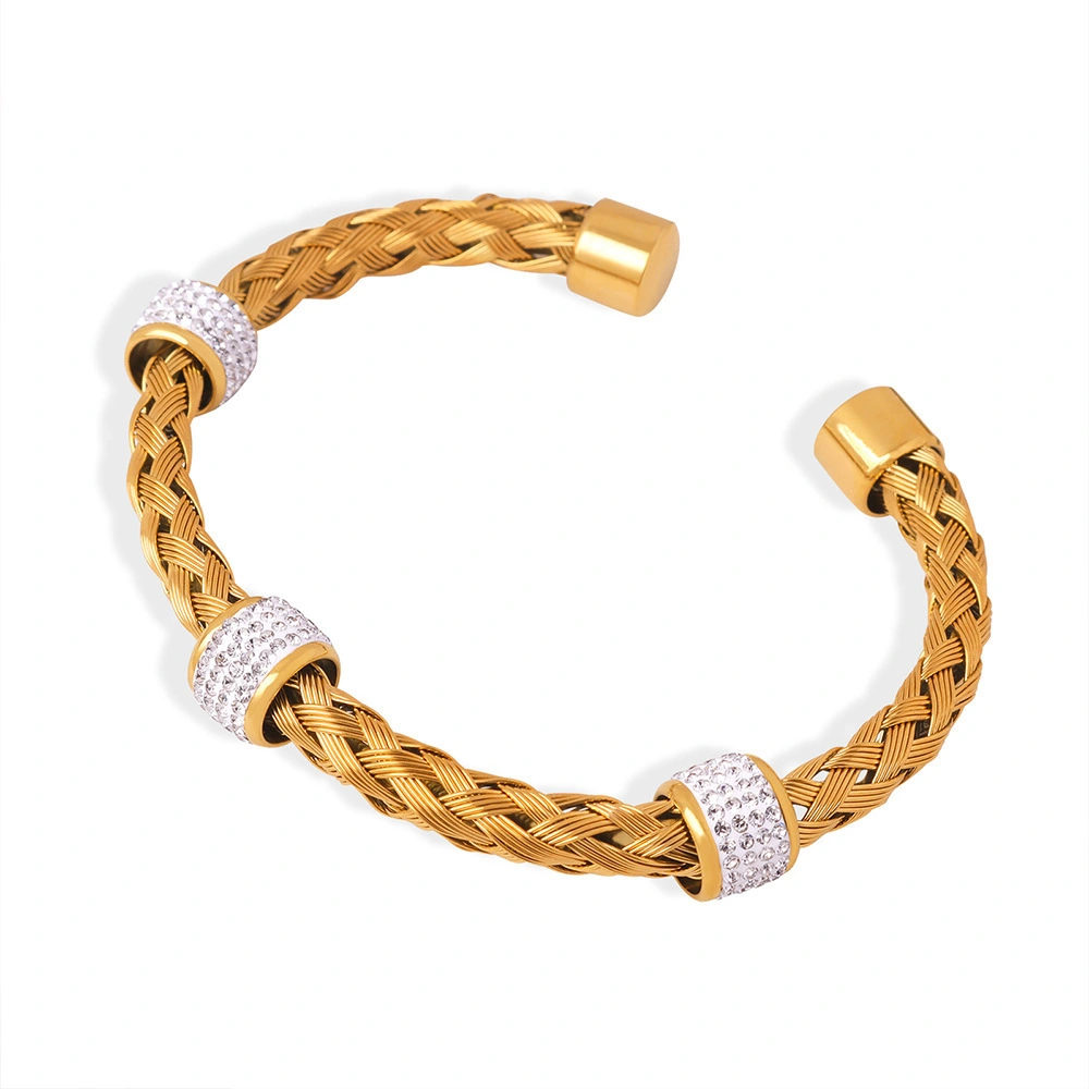 Wholesale 18k Gold-plated Woven Hollow Design Open Bracelet With Zircon 316l Stainless Steel Fashionable Jewelry Bracelet 1