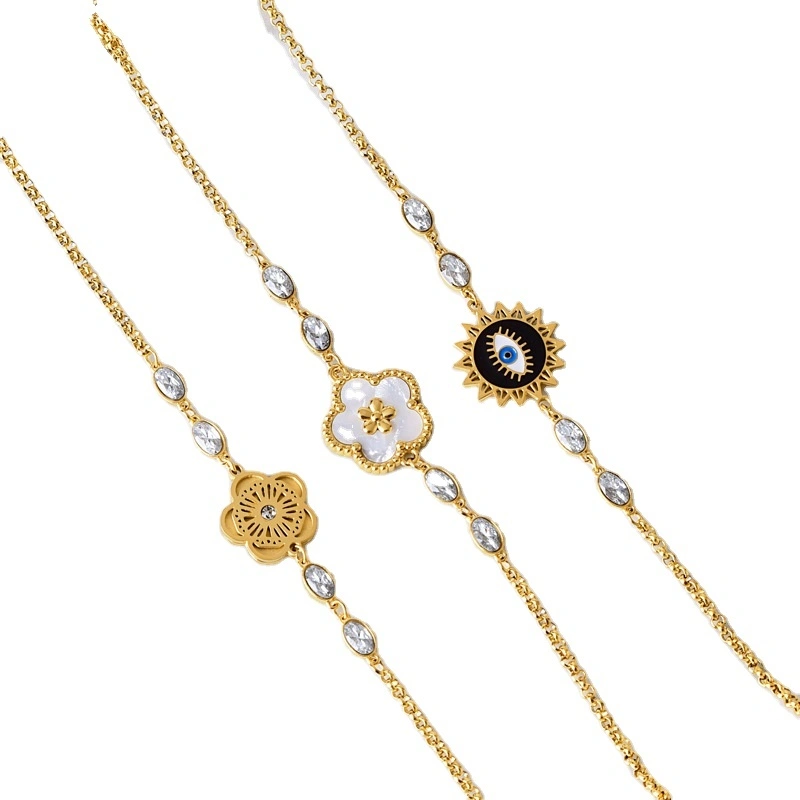 New Literary White Shell Flower Bracelet Women's Oval Zircon Stainless Steel Hollow Sun Flower Round Brand Eye Bracelet 1