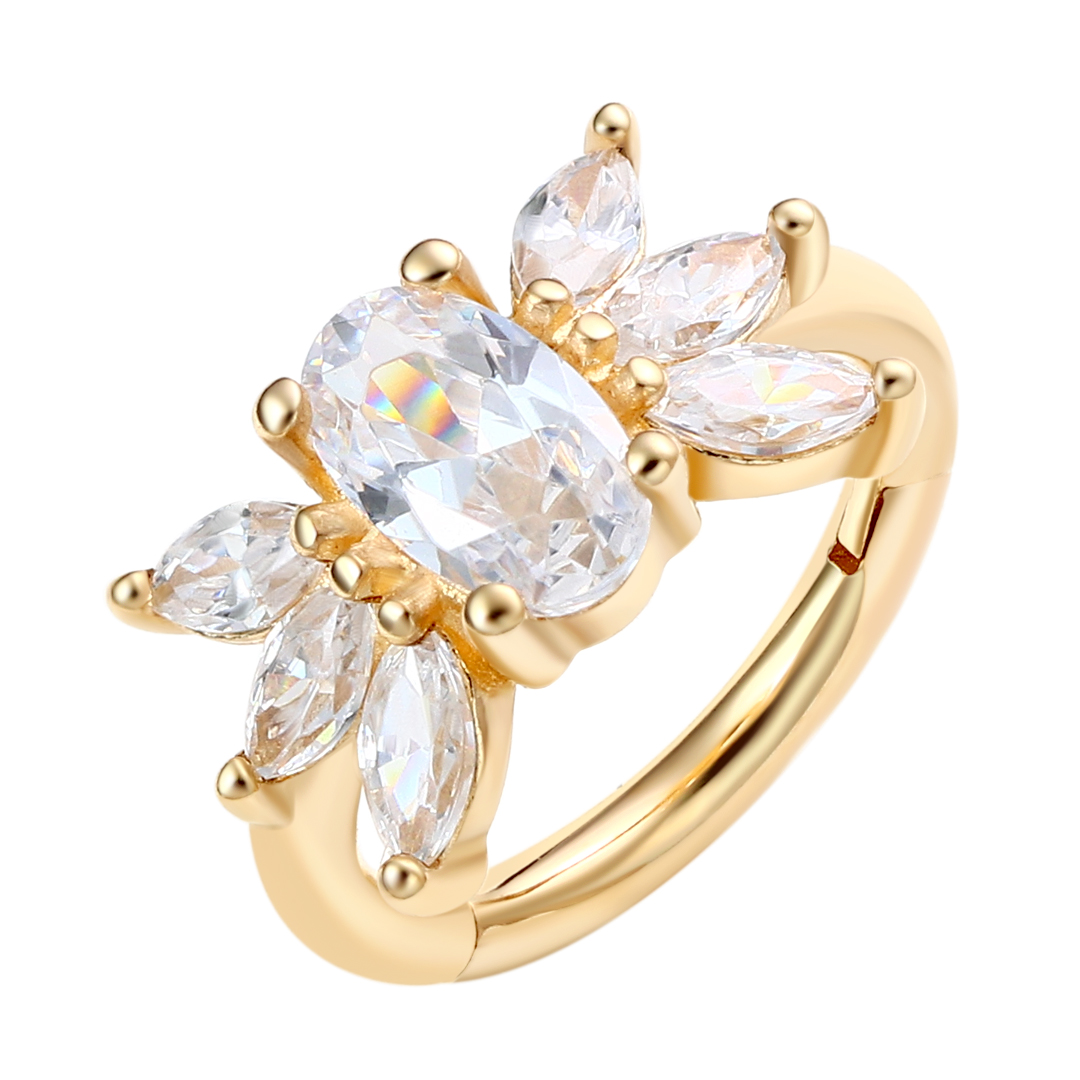 Eternal Metal Real 14k Solid Gold Flora Oval Cz Hinged Segment Hoop Ring Septum <000000> Cartilage Piercing Jewelry 4