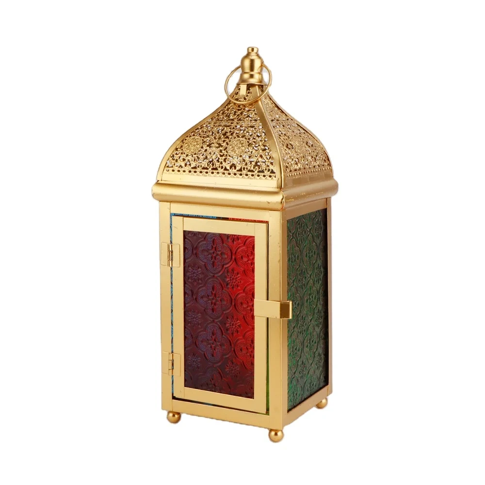 Nyt design guld stearinlys lanterne med farverigt glas Meta marokkansk lanterne Rund Ramadan lanterne til Eid ferieindretning 1