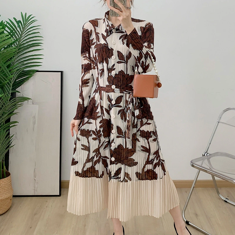 High-End Custom Pleated Dresses | One-Stop OEM & ODM Service Miyake Pleated Print Dress 2025 Spring And Summer New Lapel Midi Dress Casual Woman Dress 1